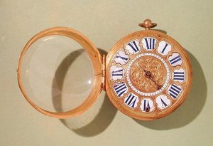 Ur, ca. 1685 (forgyldt messing og emalje)