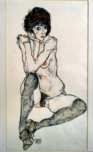 Kvinde sidder nøgen. Tegning af Egon Schiele