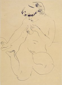Krogende nøgen (pen og pensel på papir)