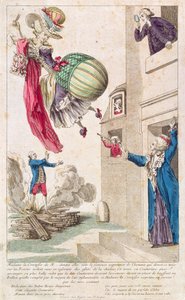 Tegneserie, der latterliggør mode og ballonflyvning, ca. 1783-4