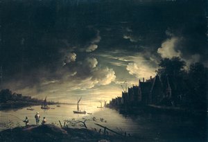 Flodlandskab ved måneskin,