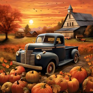 en vintage pickup truck på en efterårssolnedgangsaften 1