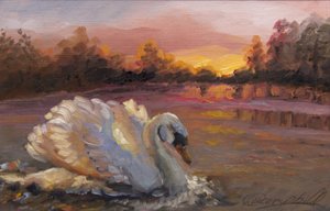 Swan at Sunrise, 2016, (olie på papir)