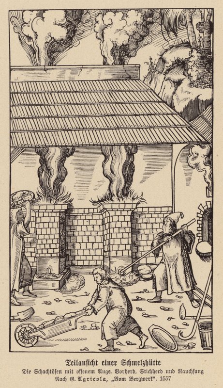 Delvist billede af et smelteværk (træsnit) af (after) German School