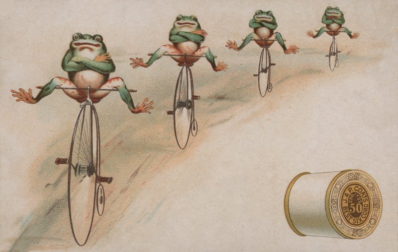 Frøer udfører tricks rider penny farthings, reklame for J & P Coats bomuld af American School