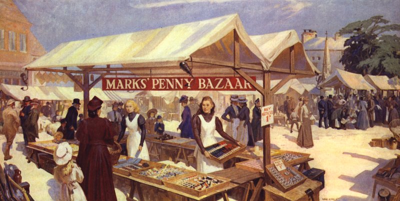 Et kunstnerisk indtryk af Marks Penny Bazaar, der blev grundlagt i 1884 af Michael Marks, far til Sir Simon Marks af English School