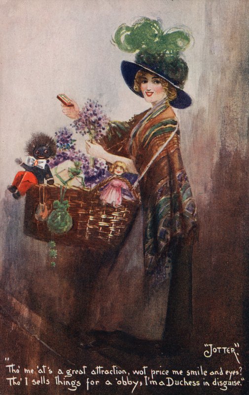 Pige sælger blomster og legetøj af English School