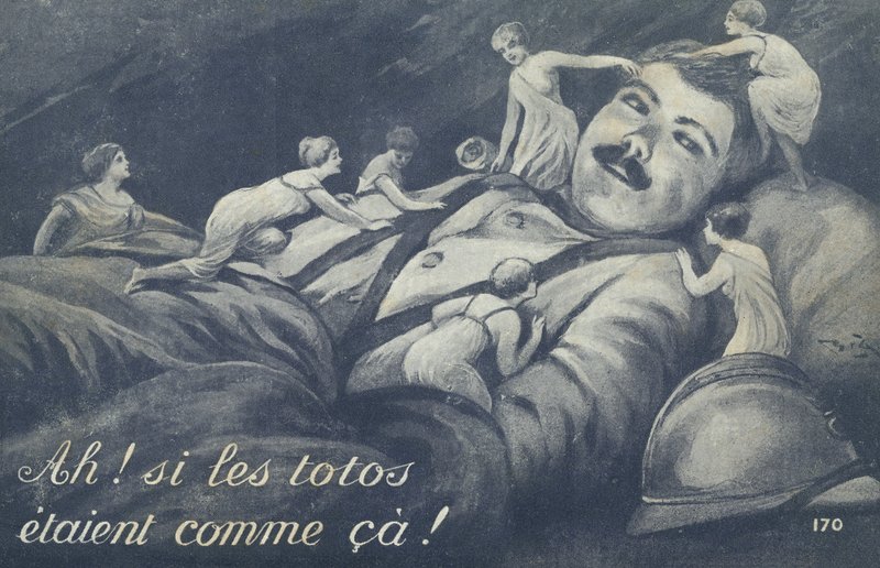 Små kvinder, der klatrer over en soldat af French School