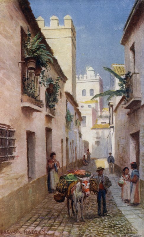 Sevilla, A Street (farve litho) af A. Trevor Haddon