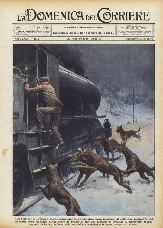På Prestane-stationen, på Karst-plateauet, var en stoker ved at rydde op i et lokomotiv om natten. af Achille Beltrame