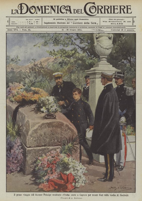 Den første tur for den ti-årige kronprins af Italien, et stop i Caprera for at bringe blomster på? af Achille Beltrame