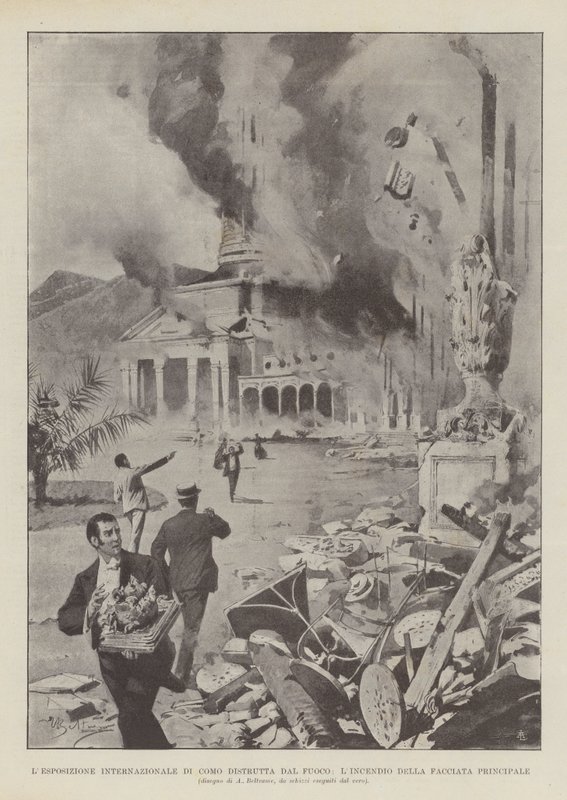 Como International Exposition Destroyed by Fire, the Fire of the Main Facade af Achille Beltrame