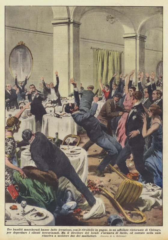 Tre maskerede banditter raidede, med revolvere i hånden, en overfyldt? af Achille Beltrame