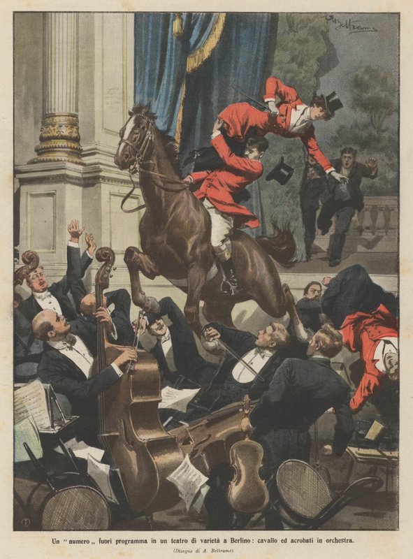Et uplanlagt nummer i et varietéteater i Berlin, hest og akrobater i orkester af Achille Beltrame