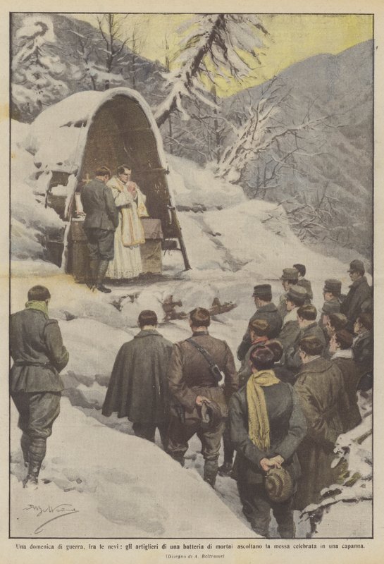 På en søndag med krig, i sneen, lytter skytterne fra et batteri af morterer til messe? af Achille Beltrame