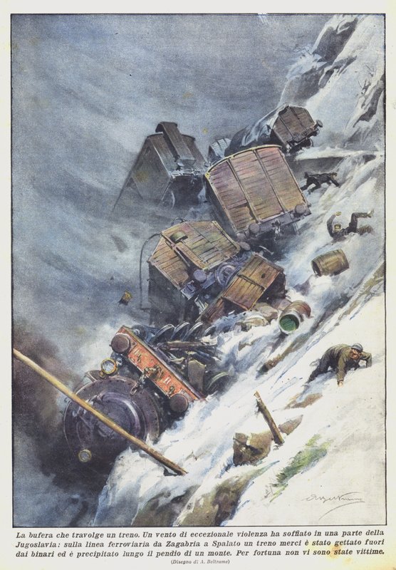 En storm, der fejer over et tog af Achille Beltrame
