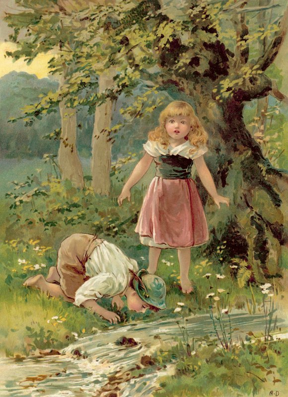 Broderen drikker af bækken (chromolitho) af Ada Dennis