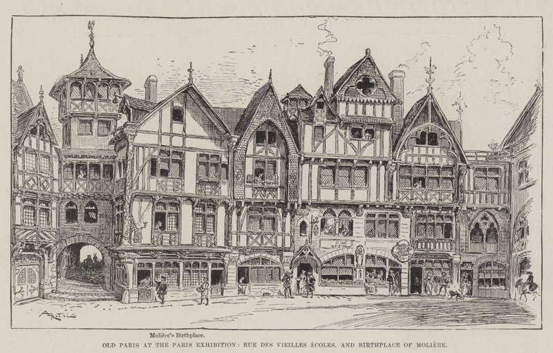 Gamle Paris på Paris-udstillingen, Rue des Vieilles Ecoles og Molieres fødested af Albert Robida