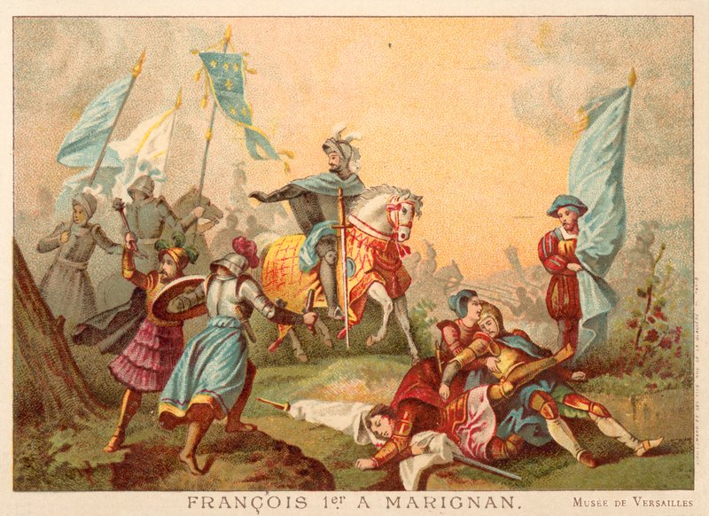 Frans I af Frankrig i slaget ved Marignano, 1515 (chromolitho) af Alexandre Evariste Fragonard