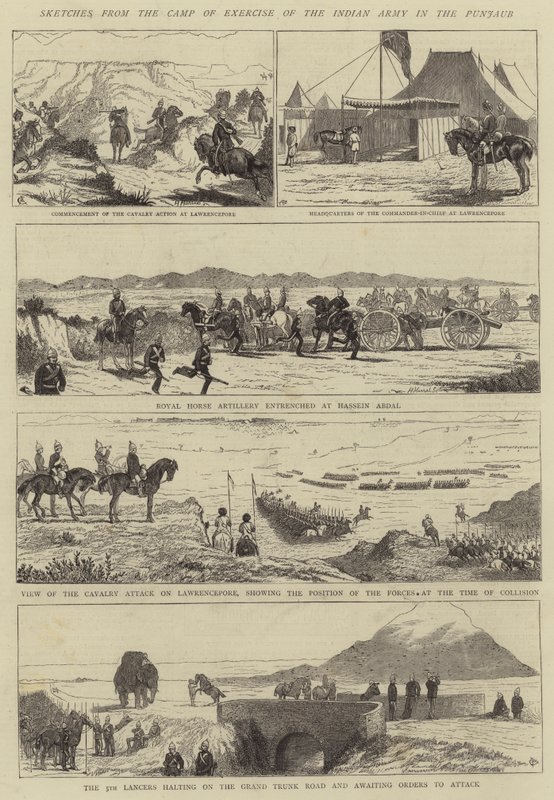 Skitser fra den indiske hærs øvelseslejr i Punjaub af Alfred Chantrey Corbould