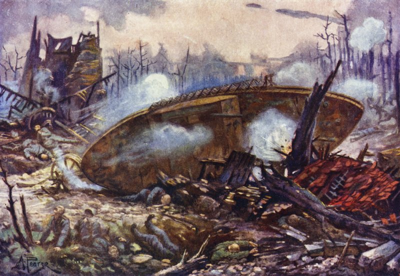 Kaptajn Arthur Inglis, fra Gloucester Regiment, bragte sin kampvogn frem over meget vanskelig jord, efter at et af dens hjul var sprængt af, første verdenskrig af Alfred Pearse