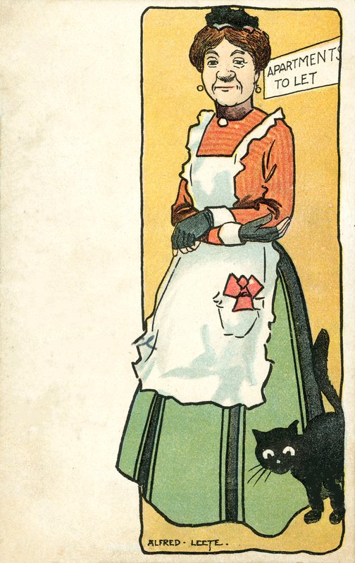 Værtinden og hendes kat (chromolitho) af Alfred Leete