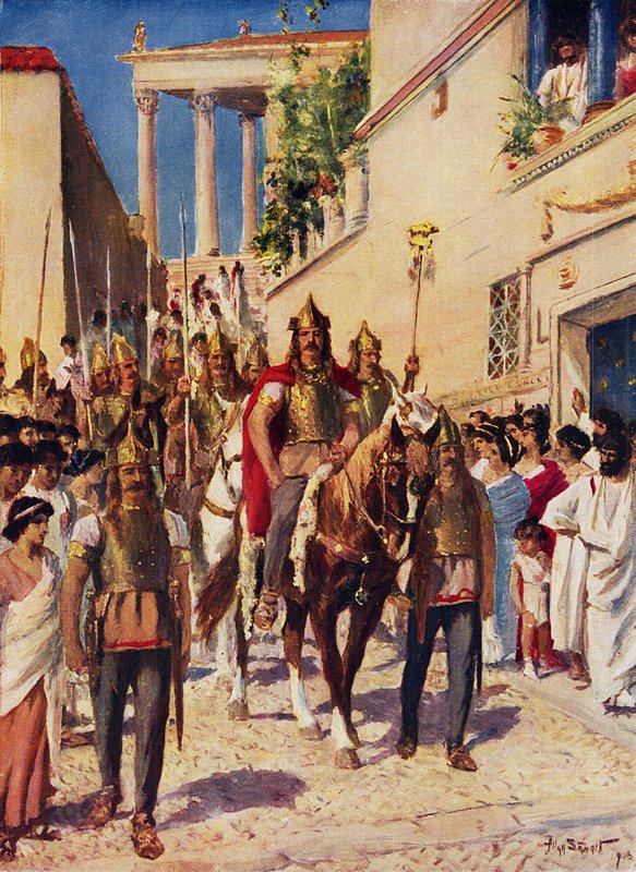 Alaric kommer ind i Athen (farve litho) af Allan (after) Stewart