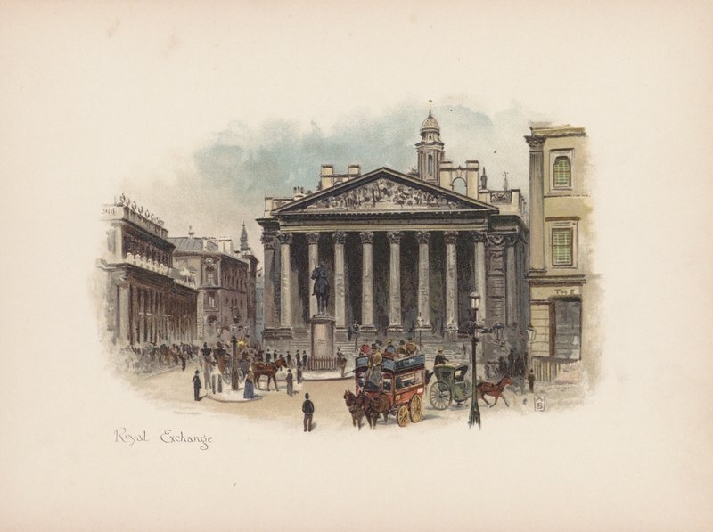 Det velkendte London: Royal Exchange (farvelitografi) af Allan F. Barraud