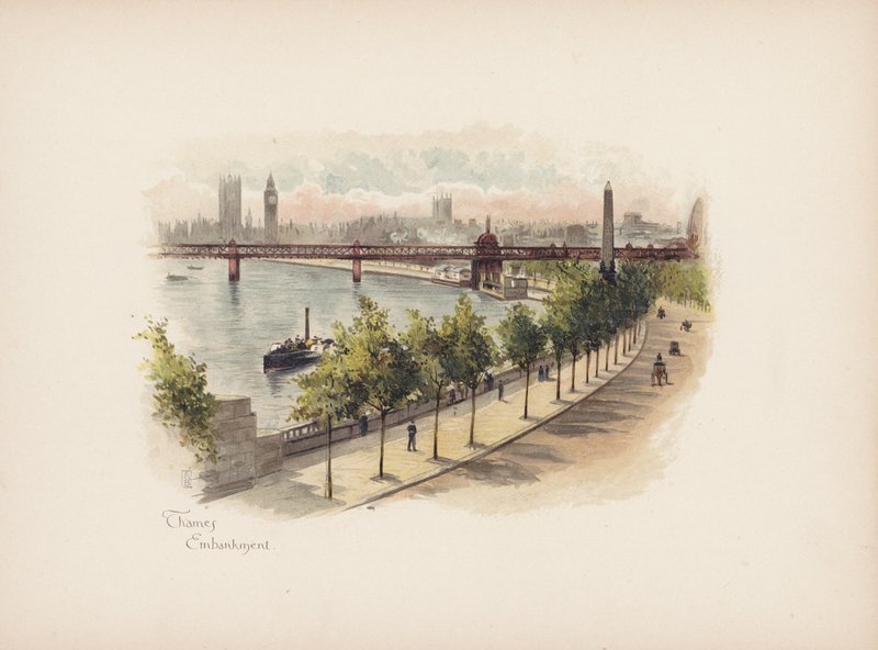 Det velkendte London: Thames Embankment (farvelitografi) af Allan F. Barraud