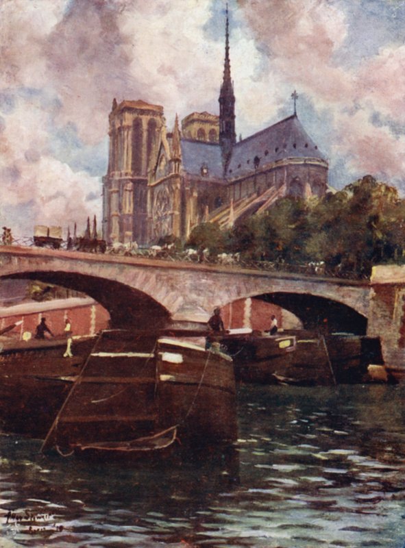 Paris: Notre Dame-katedralen (farve litho) af Allan Stewart