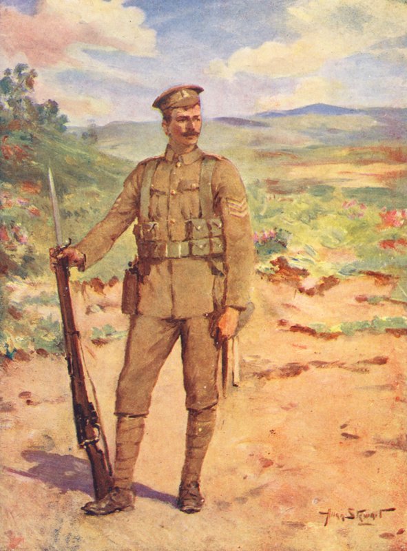 WW1: En moderne britisk soldat (farvelitografi) af Allan Stewart