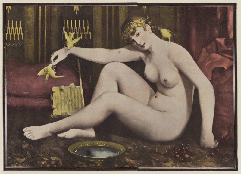 Fodring af fuglene (farve litho) af Alphonse Pellet