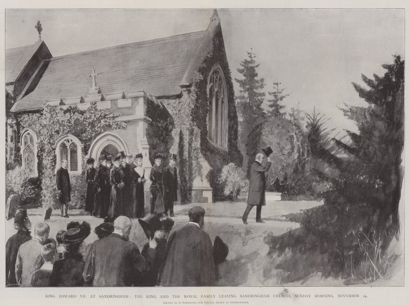 Kong Edward VII i Sandringham, kongen og den kongelige familie forlader Sandringham Church, søndag morgen, 24. november af Amedee Forestier