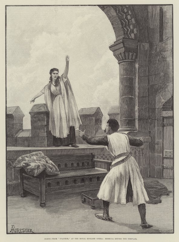 Scene fra Ivanhoe, på Royal English Opera, Rebecca trodser tempelridderne af Amedee Forestier