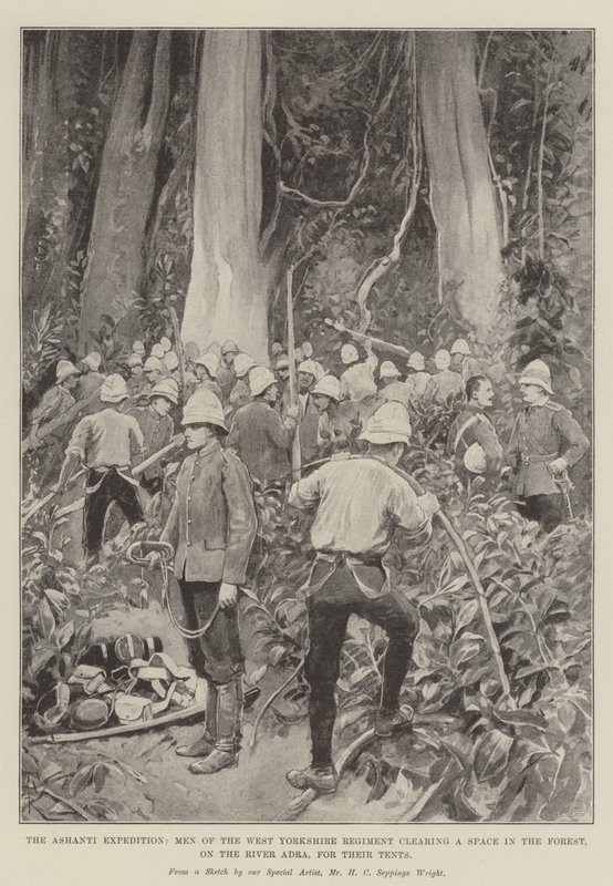 Ashanti-ekspeditionen, mænd fra West Yorkshire Regimentet rydder en plads i skoven ved floden Adra til deres telte af Amedee Forestier