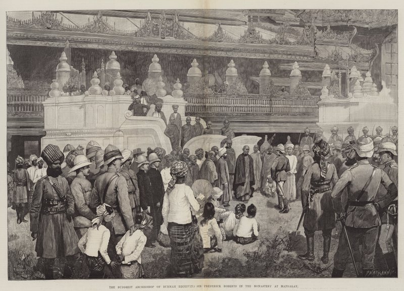Den buddhistiske ærkebiskop af Burmah modtager Sir Frederick Roberts i klostret i Mandalay af Amedee Forestier