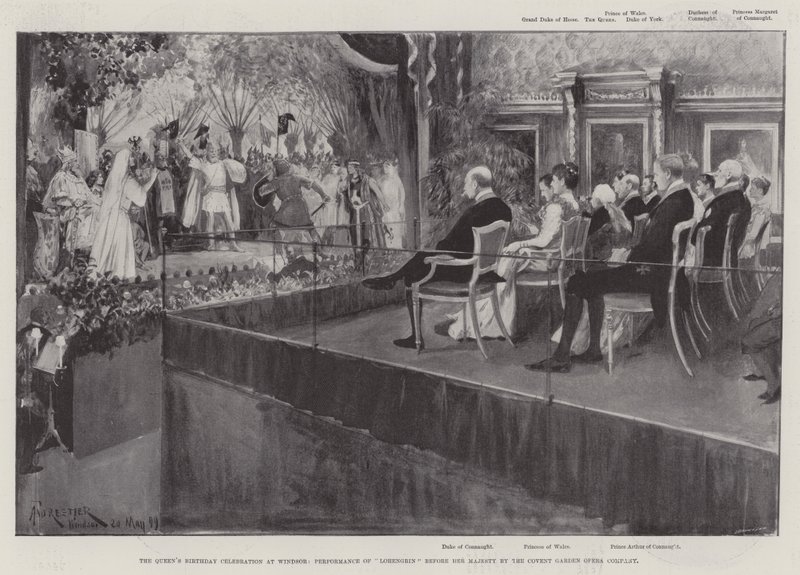 Dronningens fødselsdagsfejring i Windsor, opførelse af Lohengrin før Hendes Majestæt af Covent Garden Opera Company af Amedee Forestier