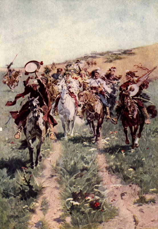 Et kosakbryllupsoptog (farve litho) af American School