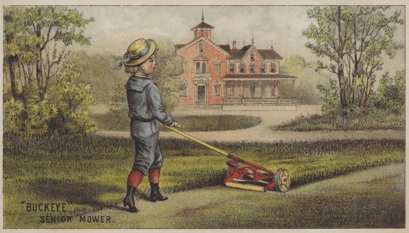 Dreng slår græs udenfor landsted (chromolitho) af American School