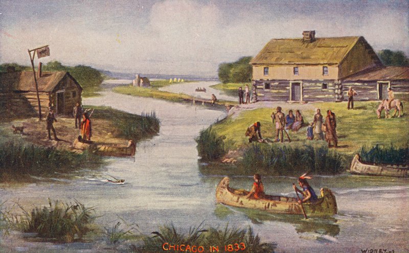 Chicago: Chicago i 1833 (farve litho) af American School