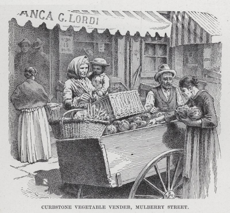 Kantstensgrøntsagsforhandler, Mulberry Street (litho) af American School