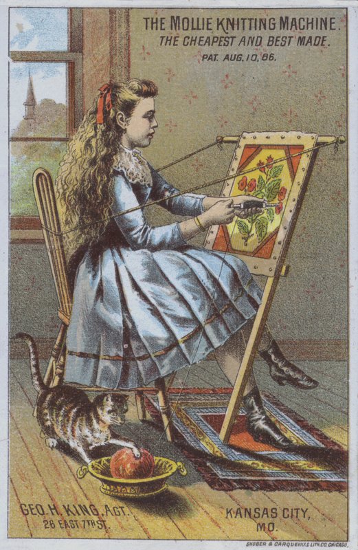 Pige bruger en strikkemaskine (farve litho) af American School
