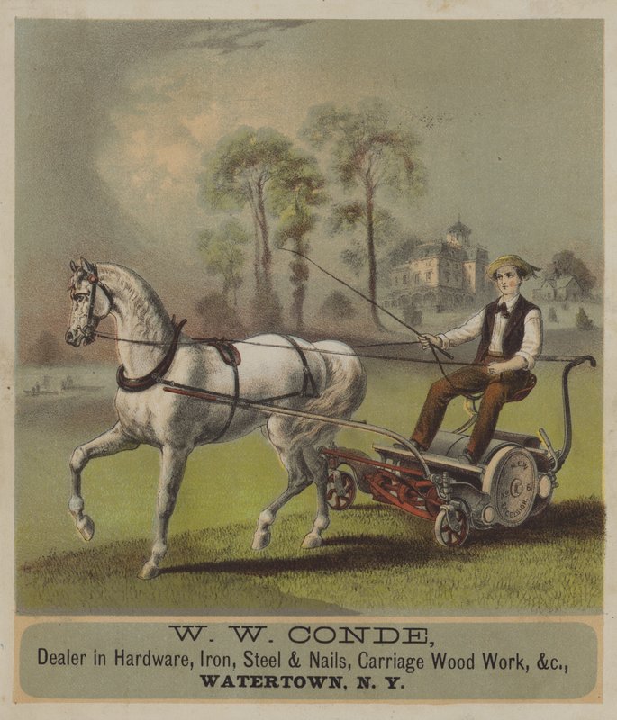 Plæneklipper med hestetræk (chromolitho) af American School