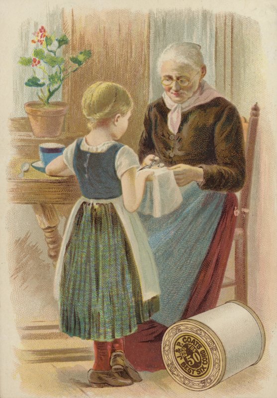 Gammel kvinde skærer stof af American School