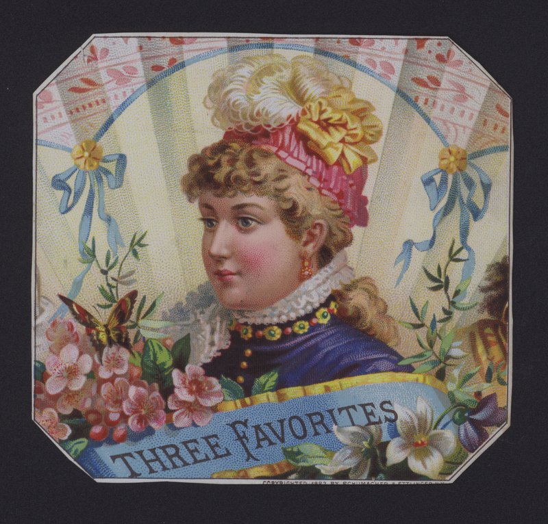 Tre favoritter, cigaretiket (chromolitho) af American School