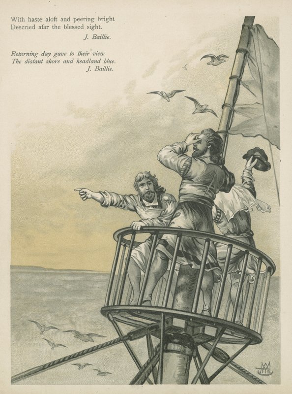 Udkigsposter, der observerer land i den nye verden (chromolitho) af Andrew Melrose