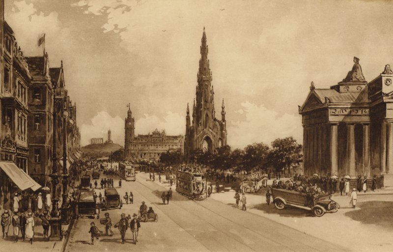 Edinburgh: Princes Street fra Mound (litho) af Andrew Allan