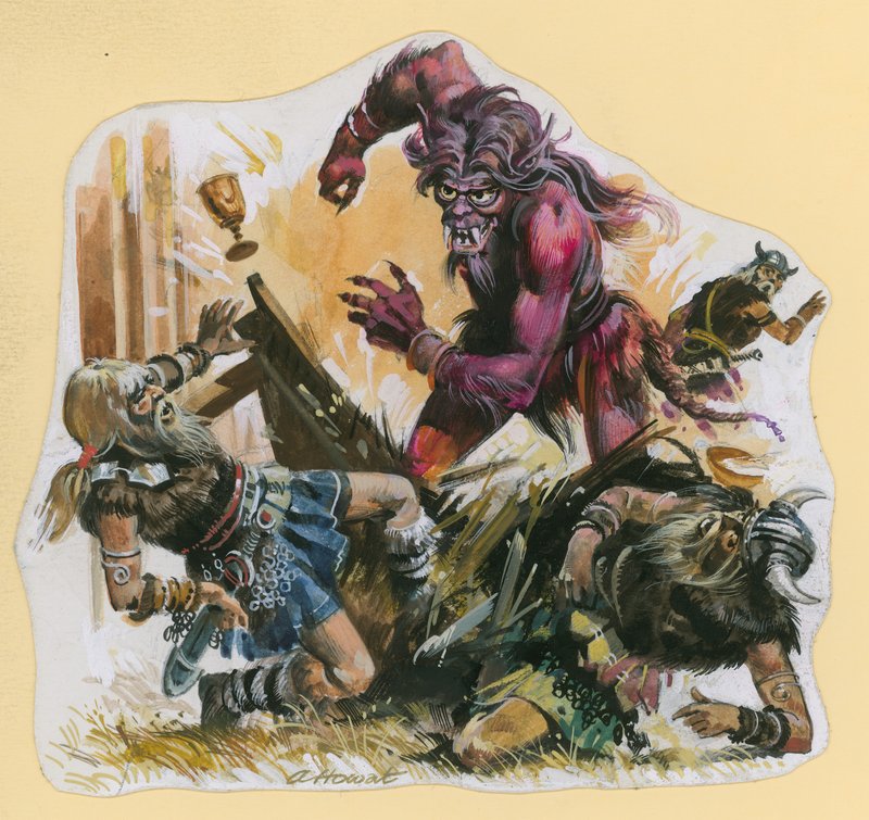 Scene fra Beowulf (gouache på papir) af Andrew Howat
