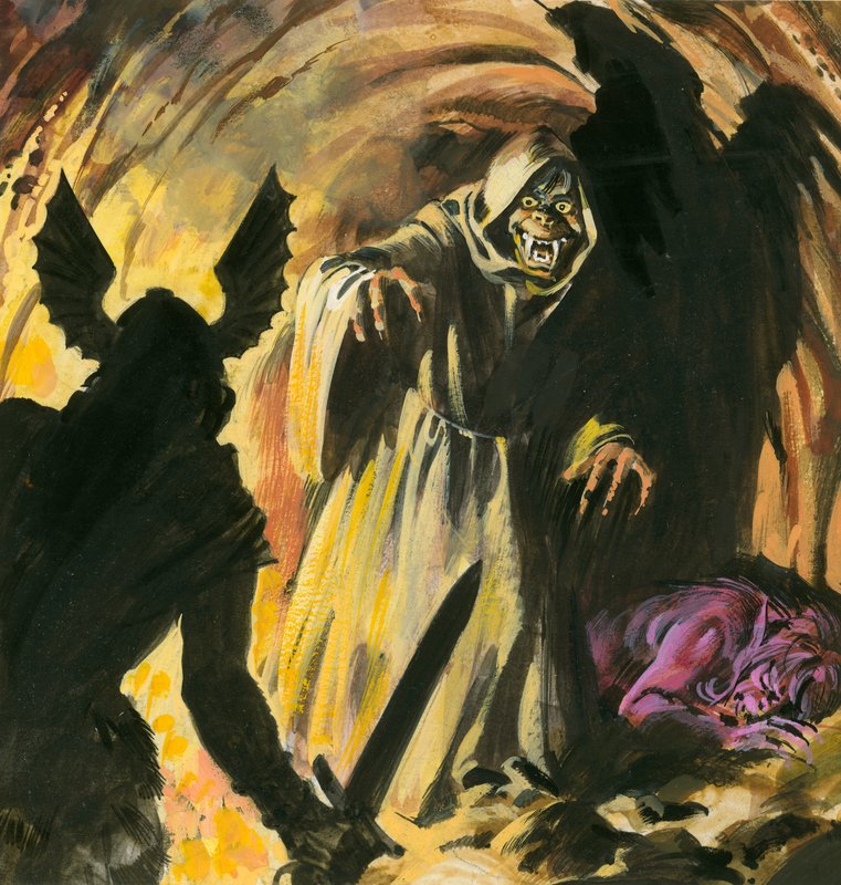 Scene fra Beowulf (gouache på papir) af Andrew Howat