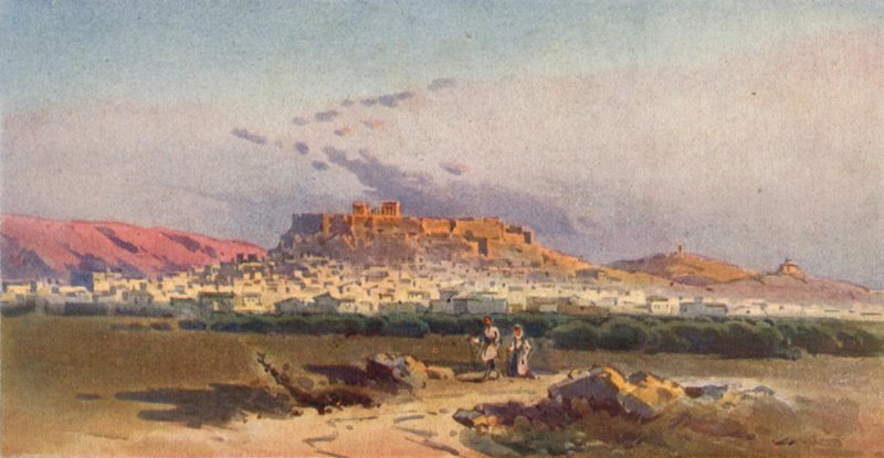 Athen og Akropolis (farve litho) af Angelos Giallinos
